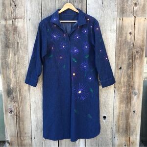 Vintage 70s-80s Handpainted Floral Denim Smock Midi Dress, Medium